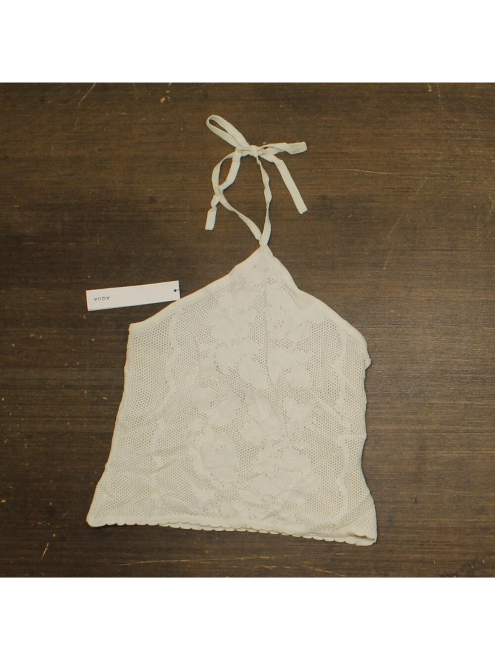 Aqua Knit Placed Crochet Halter Top GMS58704 Ivory Off White XS